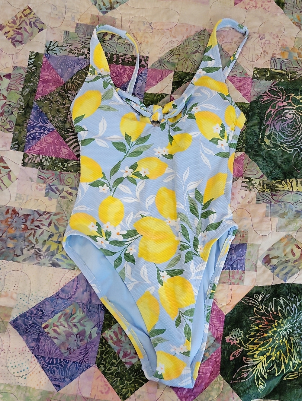Time and Tru Light Blue Lemon Print One-Piece Swimsuit